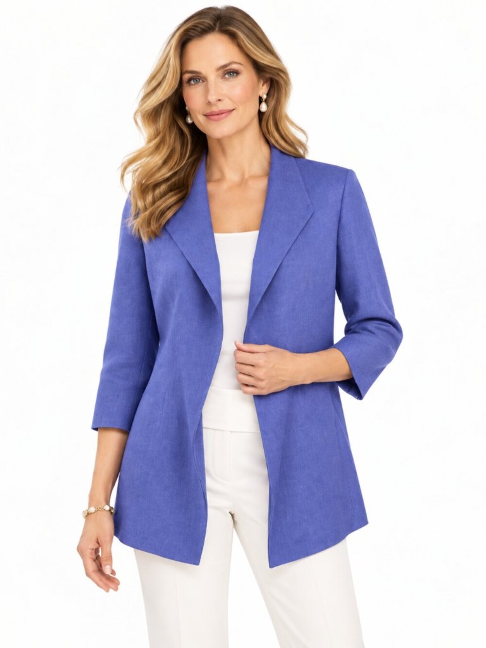 Eileen Fisher Jacket Blazer Size 3X Blue Open Front Linen Blend 3/4 Sleeve